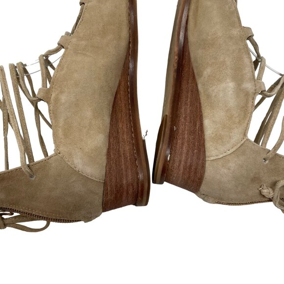 Vince Camuto Rochela Suede Wedge Size 7.5 Sandal Lace-up Tan Peep Toe - Picture 7 of 13